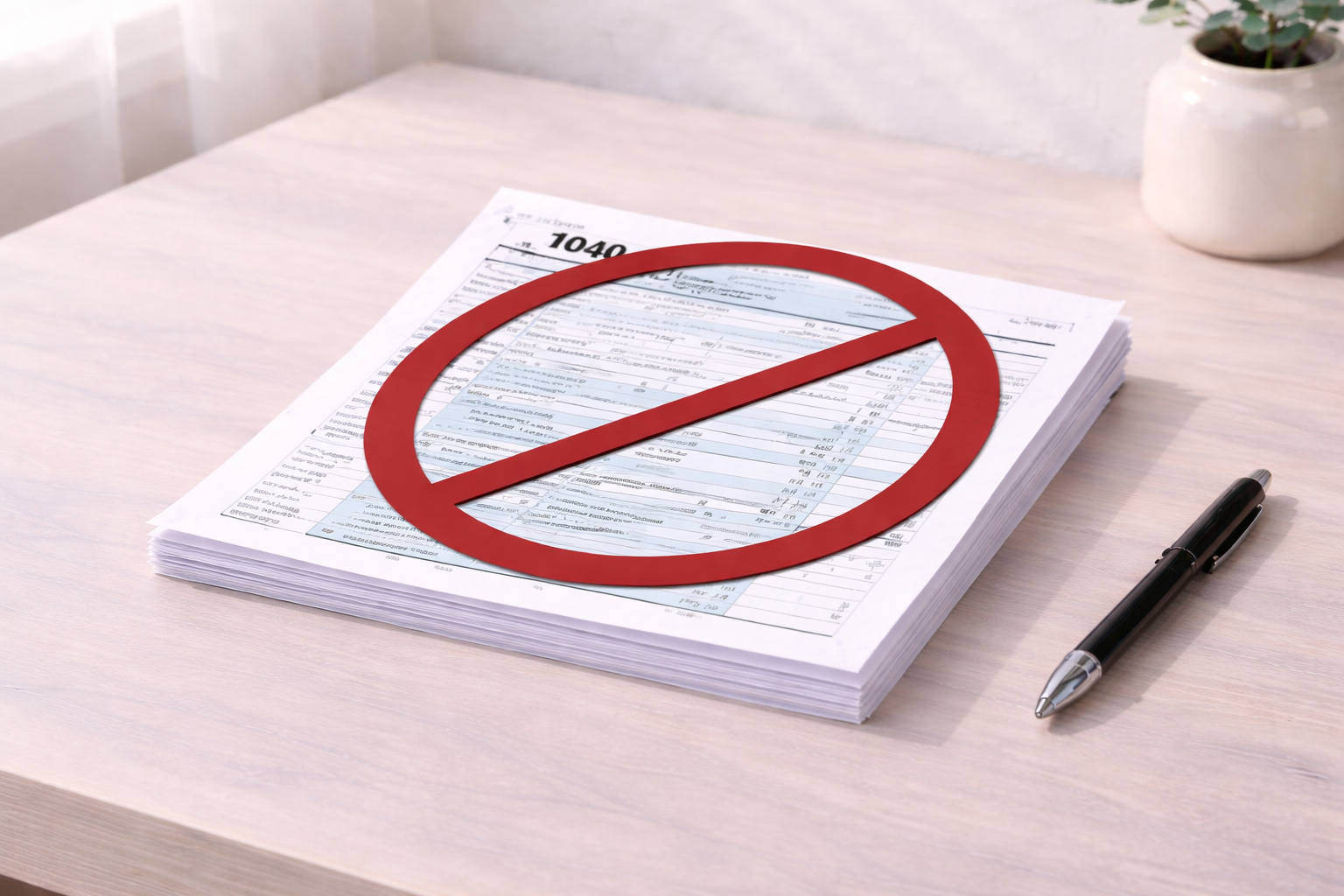 No-Taxes - 1040 on a stack of paper with circle/slash
